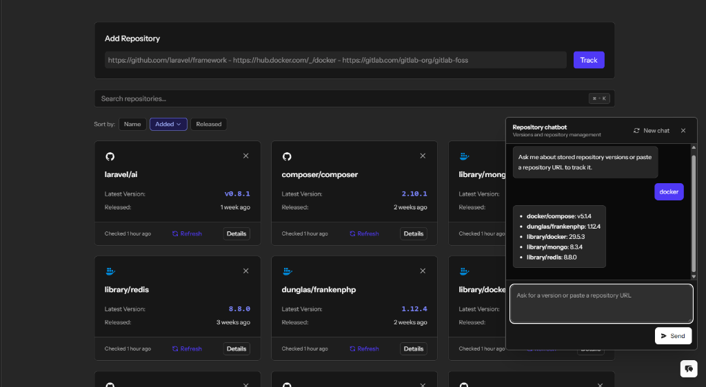Versiontracker KI-Chatbot im Live-Einsatz (Dunkel)